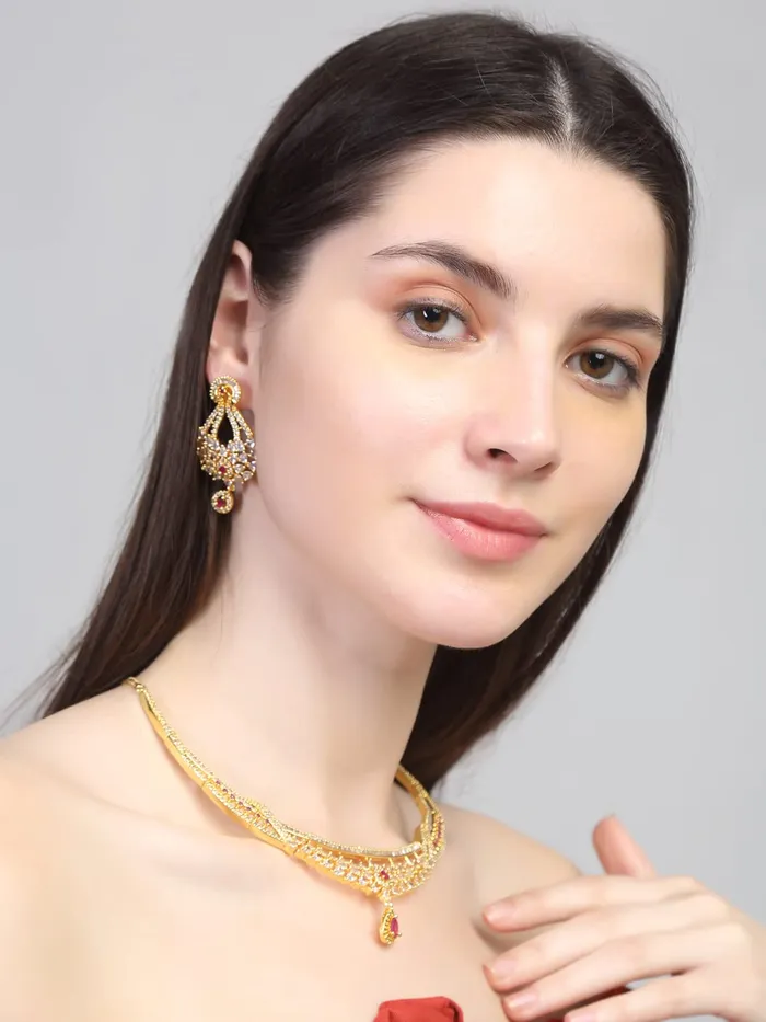 Yellow Chimes Yellow Chimes Jewellery Set for Women and Girls American Diamond Jewellery Set Gold Plated Authentic AD Necklace Set for Women Birthday Gift for girls and women Anniversary Gift for Wife Earrings