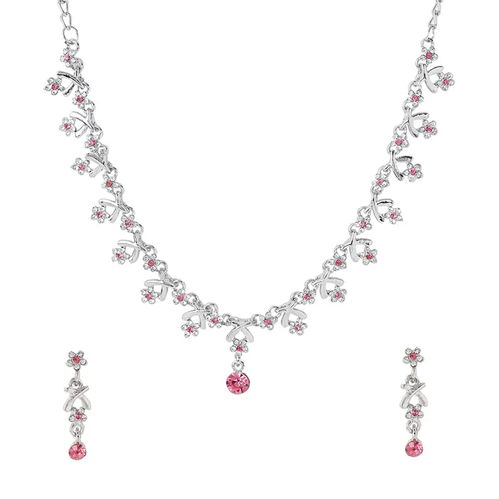Yellow Chimes Yellow Chimes Jewellery Set for Women and Girls Crystal Jewellery Set for Women Silver Tone White and Pink Crystal Choker Necklace Set Birthday Gift For Women Valentine Gift for Girls Earrings