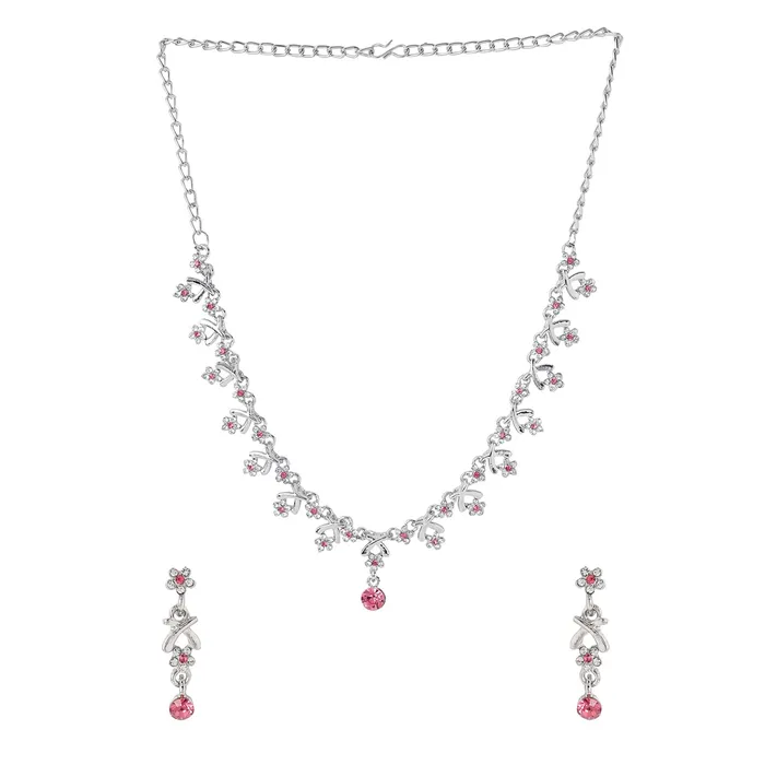 Yellow Chimes Yellow Chimes Jewellery Set for Women and Girls Crystal Jewellery Set for Women Silver Tone White and Pink Crystal Choker Necklace Set Birthday Gift For Women Valentine Gift for Girls Earrings