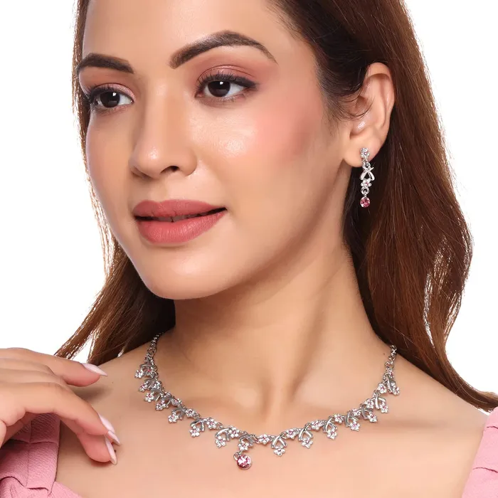 Yellow Chimes Yellow Chimes Jewellery Set for Women and Girls Crystal Jewellery Set for Women Silver Tone White and Pink Crystal Choker Necklace Set Birthday Gift For Women Valentine Gift for Girls Earrings