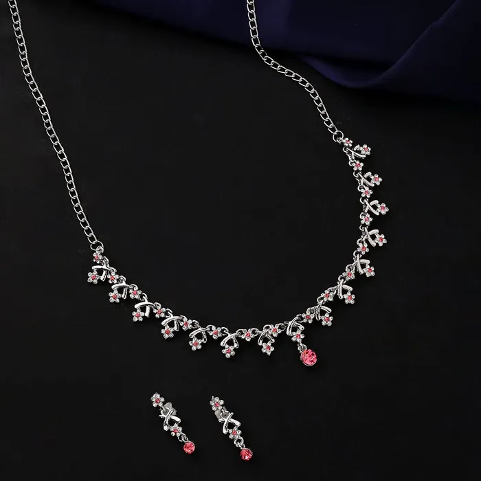 Yellow Chimes Yellow Chimes Jewellery Set for Women and Girls Crystal Jewellery Set for Women Silver Tone White and Pink Crystal Choker Necklace Set Birthday Gift For Women Valentine Gift for Girls Earrings