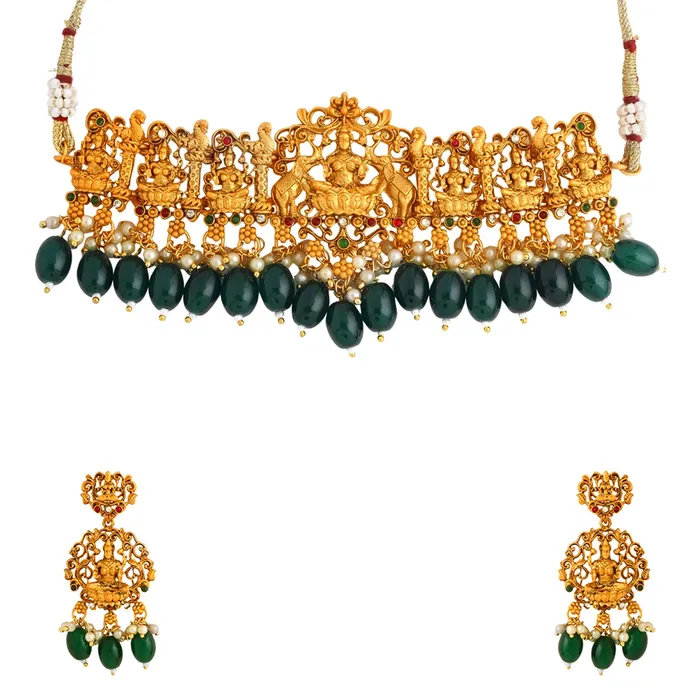 Yellow Chimes Yellow Chimes Jewellery Set for Women and Girls Temple Jewellery Set for Women Gold Plated Green Beads Drop Choker Necklace Set Birthday Gift for girls and women Anniversary Gift for Wife Necklaces