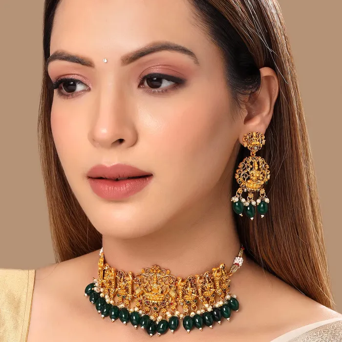Yellow Chimes Yellow Chimes Jewellery Set for Women and Girls Temple Jewellery Set for Women Gold Plated Green Beads Drop Choker Necklace Set Birthday Gift for girls and women Anniversary Gift for Wife Necklaces