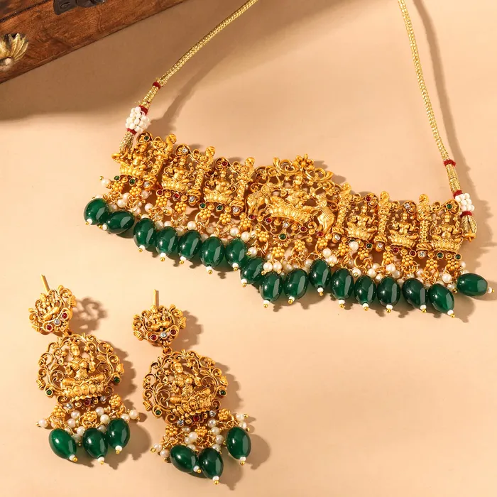 Yellow Chimes Yellow Chimes Jewellery Set for Women and Girls Temple Jewellery Set for Women Gold Plated Green Beads Drop Choker Necklace Set Birthday Gift for girls and women Anniversary Gift for Wife Necklaces
