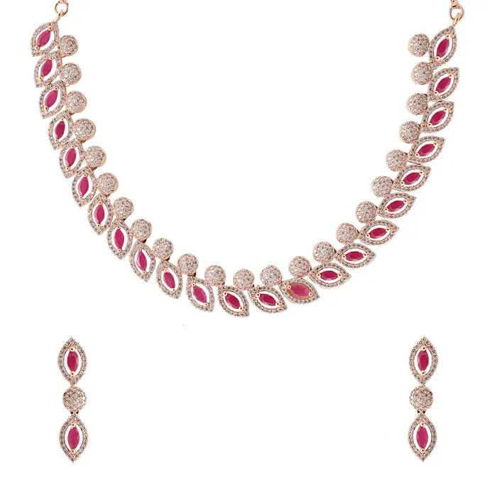 Yellow Chimes Yellow Chimes Jewellery Set for Womens Rosegold Plated ADAmerican Diamond Studded Pink Crystal Necklace Set with Earrings for Women and Girls Earrings