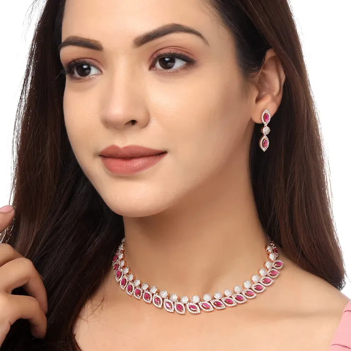 Yellow Chimes Yellow Chimes Jewellery Set for Womens Rosegold Plated ADAmerican Diamond Studded Pink Crystal Necklace Set with Earrings for Women and Girls Earrings