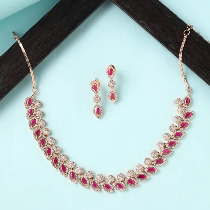 Yellow Chimes Yellow Chimes Jewellery Set for Womens Rosegold Plated ADAmerican Diamond Studded Pink Crystal Necklace Set with Earrings for Women and Girls Earrings