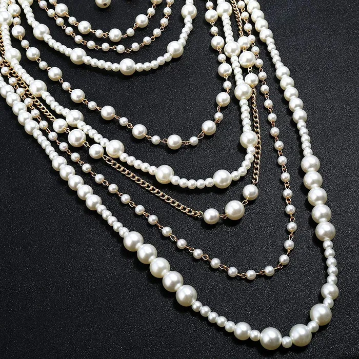 Yellow Chimes Yellow Chimes Latest Fashion White Pearls Golden Chain MultiLayer Long Pearl Necklace Set With Earrings Jewellery Set for Women Girls Necklaces
