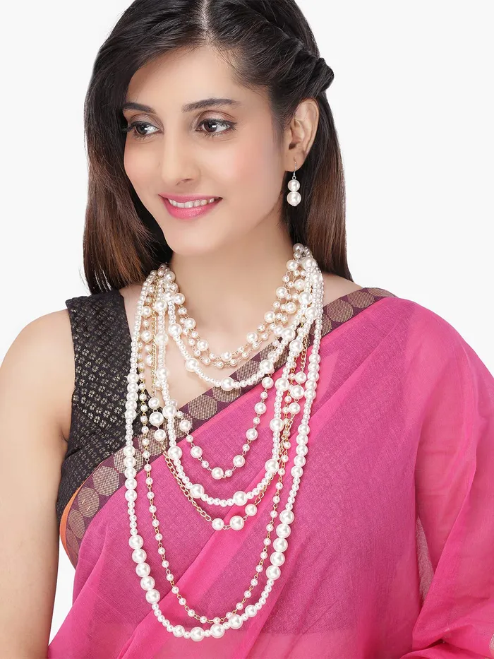 Yellow Chimes Yellow Chimes Latest Fashion White Pearls Golden Chain MultiLayer Long Pearl Necklace Set With Earrings Jewellery Set for Women Girls Necklaces