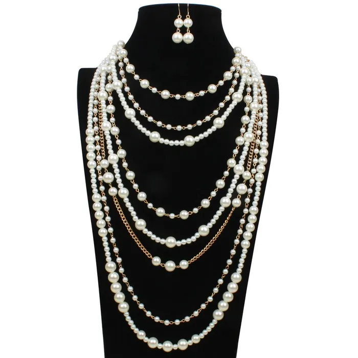Yellow Chimes Yellow Chimes Latest Fashion White Pearls Golden Chain MultiLayer Long Pearl Necklace Set With Earrings Jewellery Set for Women Girls Necklaces