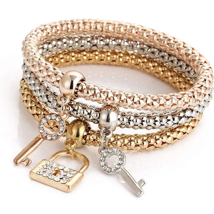 Yellow Chimes Yellow Chimes Lock and Key Charm Set of 3 Bracelets For Women And Girls Earrings