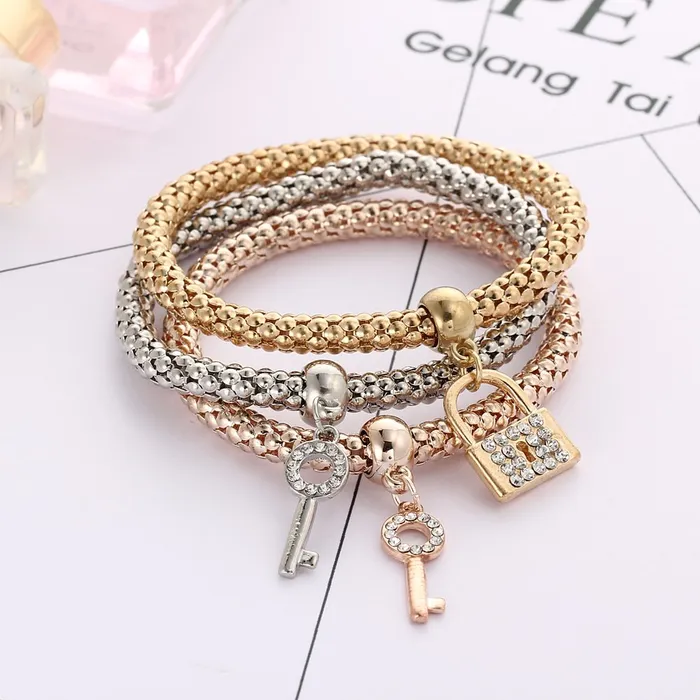 Yellow Chimes Yellow Chimes Lock and Key Charm Set of 3 Bracelets For Women And Girls Earrings