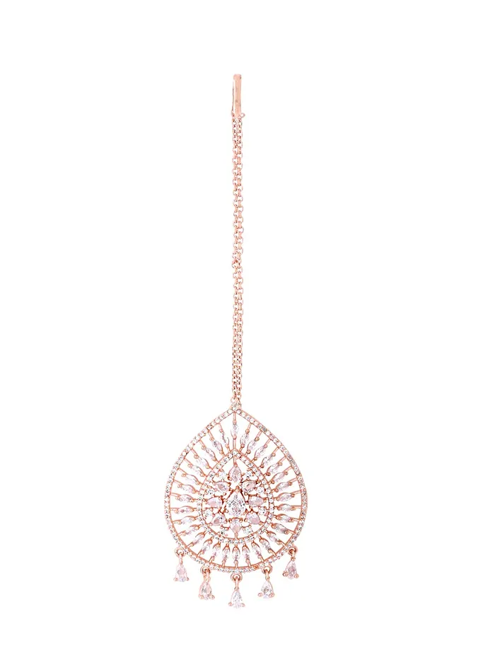 Yellow Chimes Yellow Chimes Maang Tikka for Women Beautiful ADAmerican Diamond Studded Rhodium Plated Crystal Maang Tikka for Women and Girls Design 13 Earrings
