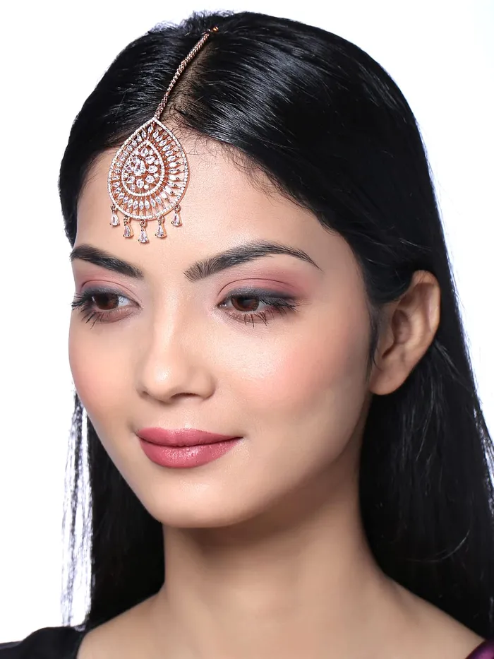 Yellow Chimes Yellow Chimes Maang Tikka for Women Beautiful ADAmerican Diamond Studded Rhodium Plated Crystal Maang Tikka for Women and Girls Design 13 Earrings