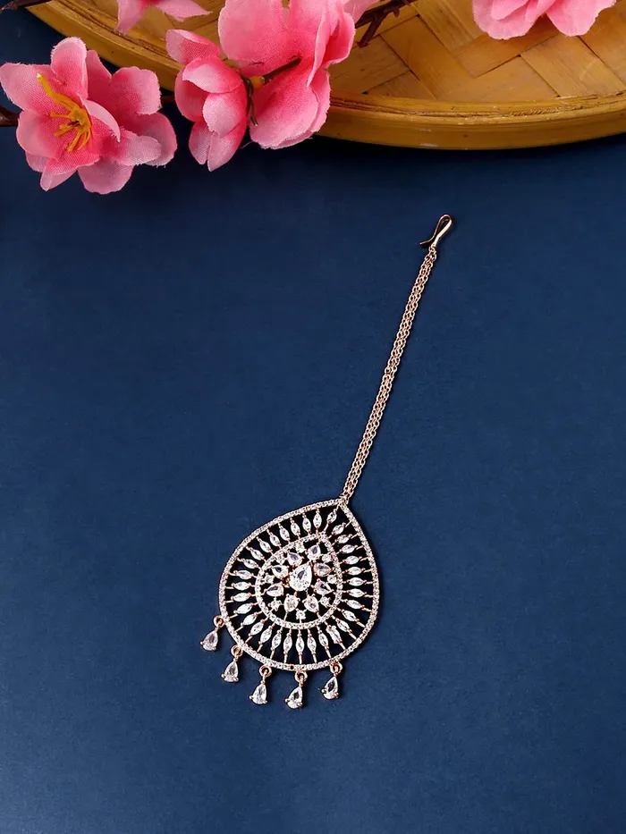 Yellow Chimes Yellow Chimes Maang Tikka for Women Beautiful ADAmerican Diamond Studded Rhodium Plated Crystal Maang Tikka for Women and Girls Design 13 Earrings