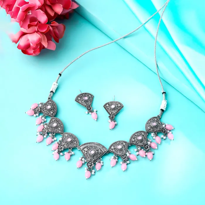 Yellow Chimes Yellow Chimes Necklace for Women and Girls Silver Oxidised Necklace for Women Floral Designed Oxidised Silver Necklace for women Birthday Gift for girls and women Anniversary Gift for Wife Earrings