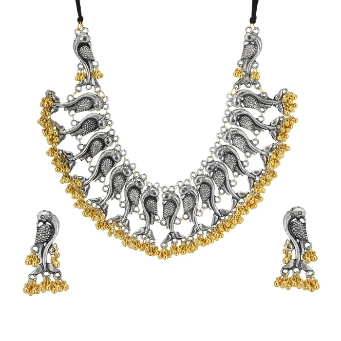Yellow Chimes Yellow Chimes Oxidised Jewellery Set for Women Silver Oxidised Jewellery Set Antique Peacock Carved Choker Necklace Set for Women and Girls Earrings