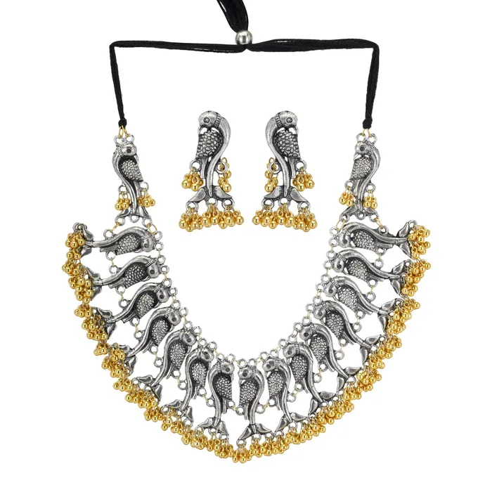 Yellow Chimes Yellow Chimes Oxidised Jewellery Set for Women Silver Oxidised Jewellery Set Antique Peacock Carved Choker Necklace Set for Women and Girls Earrings