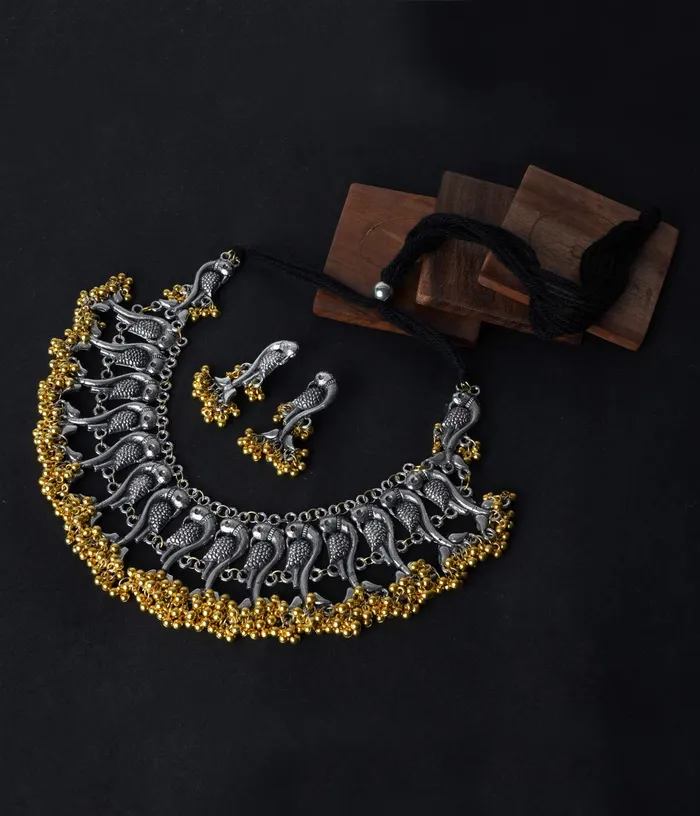 Yellow Chimes Yellow Chimes Oxidised Jewellery Set for Women Silver Oxidised Jewellery Set Antique Peacock Carved Choker Necklace Set for Women and Girls Earrings