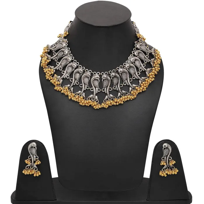 Yellow Chimes Yellow Chimes Oxidised Jewellery Set for Women Silver Oxidised Jewellery Set Antique Peacock Carved Choker Necklace Set for Women and Girls Earrings