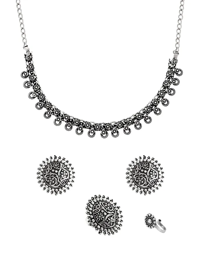 Yellow Chimes Yellow Chimes Oxidised Necklace Set For Women And Girls German Silver Oxidised Designed Ethnic Jewellery Choker Necklace Set For Women And Girls Earrings Yellow Chimes Yellow Chimes Oxidised Necklace Set For Women And Girls German Silver Oxidised Designed Ethnic Jewellery Choker Necklace Set For Women And Girls Earrings