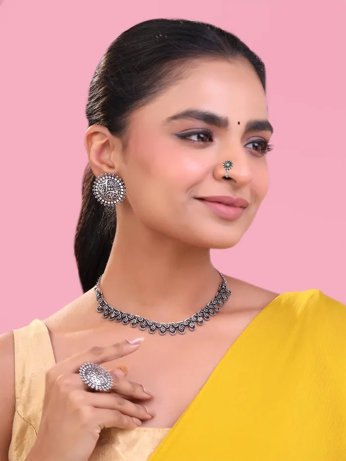 Yellow Chimes Yellow Chimes Oxidised Necklace Set For Women And Girls German Silver Oxidised Designed Ethnic Jewellery Choker Necklace Set For Women And Girls Earrings