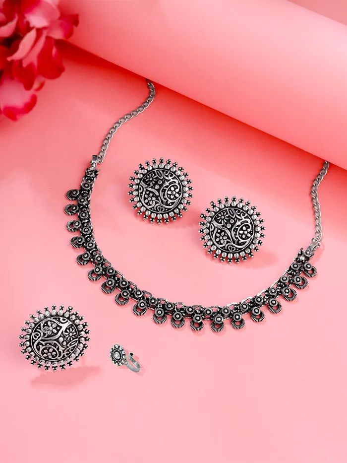 Yellow Chimes Yellow Chimes Oxidised Necklace Set For Women And Girls German Silver Oxidised Designed Ethnic Jewellery Choker Necklace Set For Women And Girls Earrings