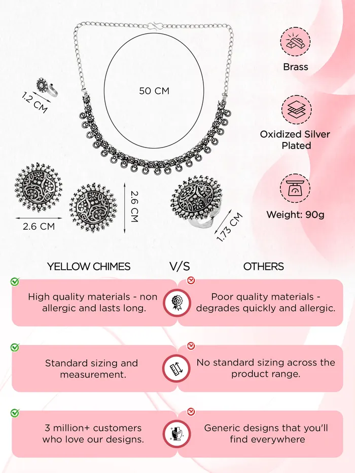 Yellow Chimes Yellow Chimes Oxidised Necklace Set For Women And Girls German Silver Oxidised Designed Ethnic Jewellery Choker Necklace Set For Women And Girls Earrings