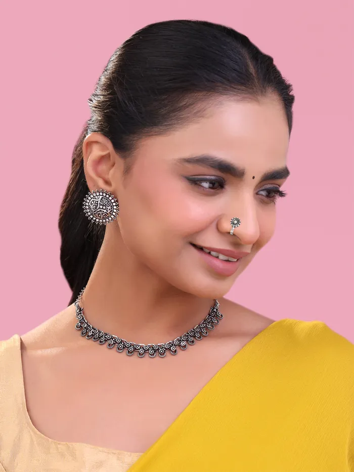 Yellow Chimes Yellow Chimes Oxidised Necklace Set For Women And Girls German Silver Oxidised Designed Ethnic Jewellery Choker Necklace Set For Women And Girls Earrings