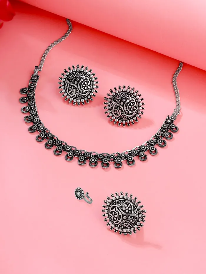 Yellow Chimes Yellow Chimes Oxidised Necklace Set For Women And Girls German Silver Oxidised Designed Ethnic Jewellery Choker Necklace Set For Women And Girls Earrings