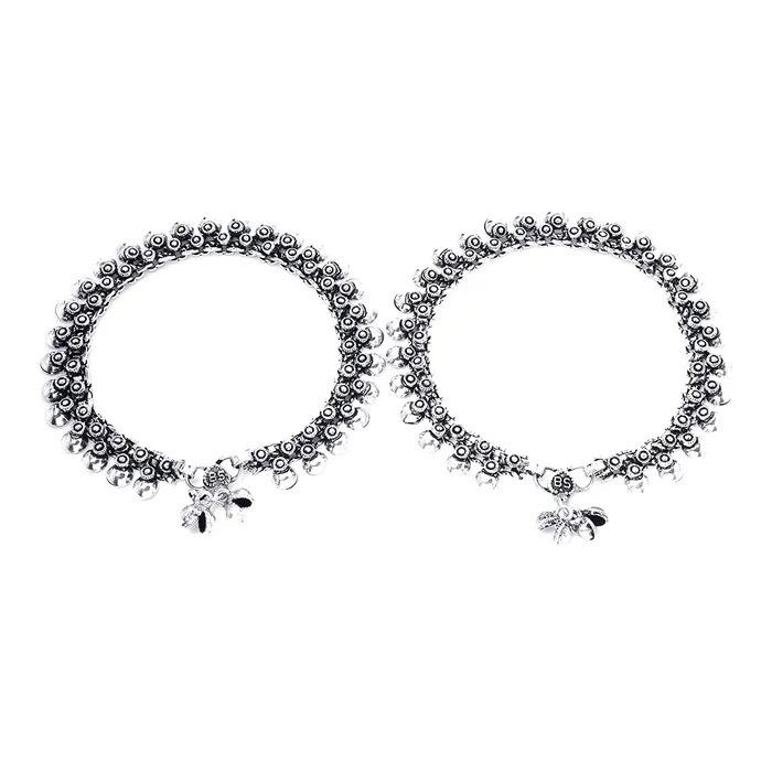 Yellow Chimes Yellow Chimes Oxidised Silver Anklets for Women Silver Oxidised Anklets Antique 2 Pcs Traditional Payal for Women and Girls Bracelets
