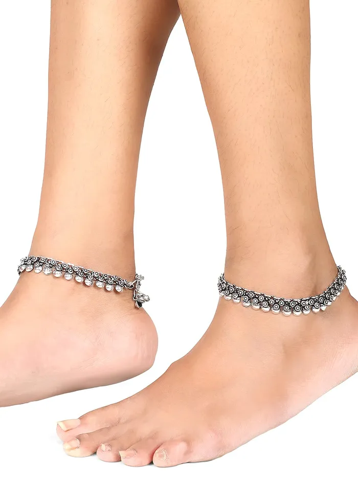 Yellow Chimes Yellow Chimes Oxidised Silver Anklets for Women Silver Oxidised Anklets Antique 2 Pcs Traditional Payal for Women and Girls Bracelets