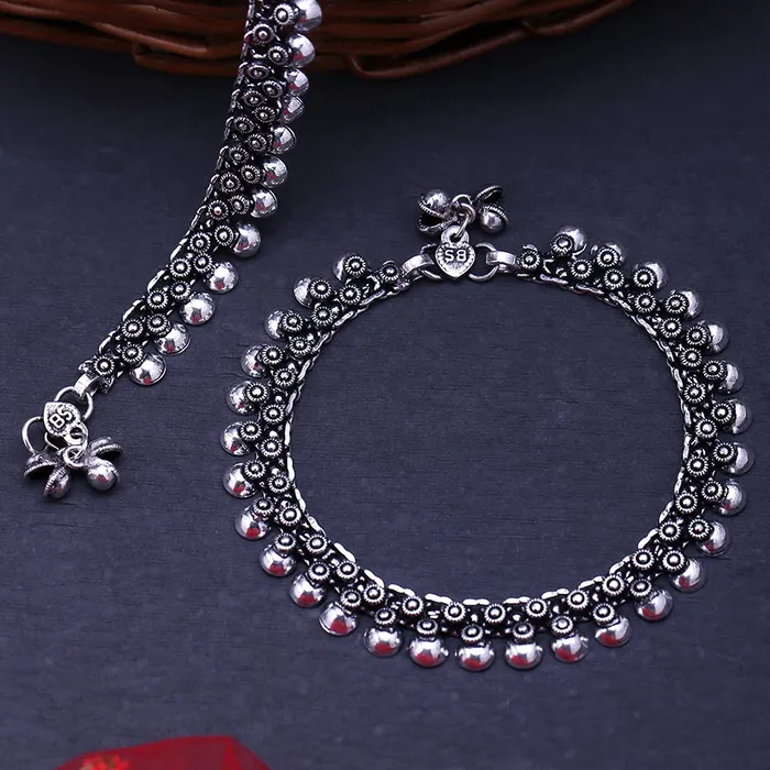 Yellow Chimes Yellow Chimes Oxidised Silver Anklets for Women Silver Oxidised Anklets Antique 2 Pcs Traditional Payal for Women and Girls Bracelets