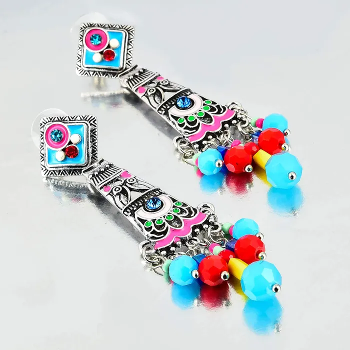 Yellow Chimes Yellow Chimes Oxidised Silver Multicolor Enameled Drop Earrings for Women Girls Rings