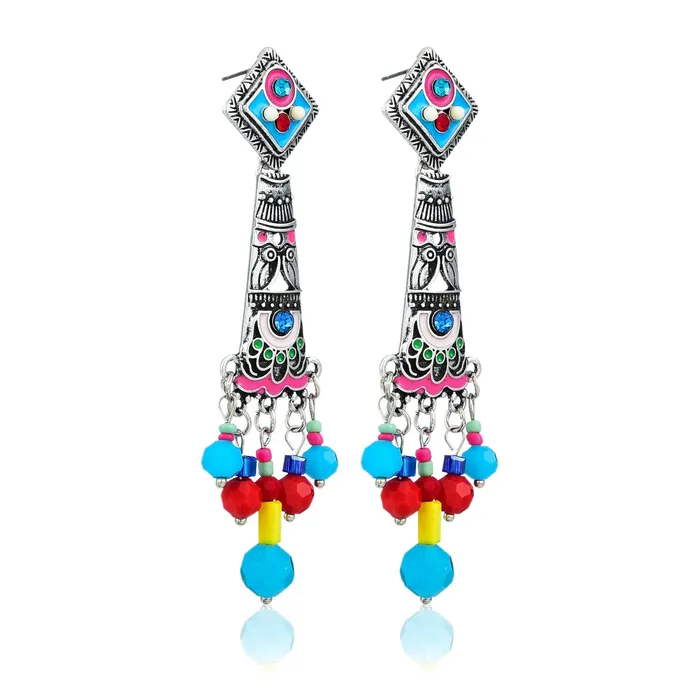 Yellow Chimes Yellow Chimes Oxidised Silver Multicolor Enameled Drop Earrings for Women Girls Rings