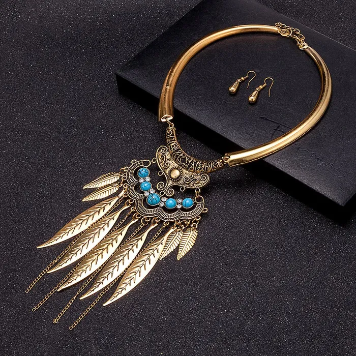 Yellow Chimes Yellow Chimes Trendy Collection Designer Tassel Leaves Blue Necklace for Women Girls Earrings