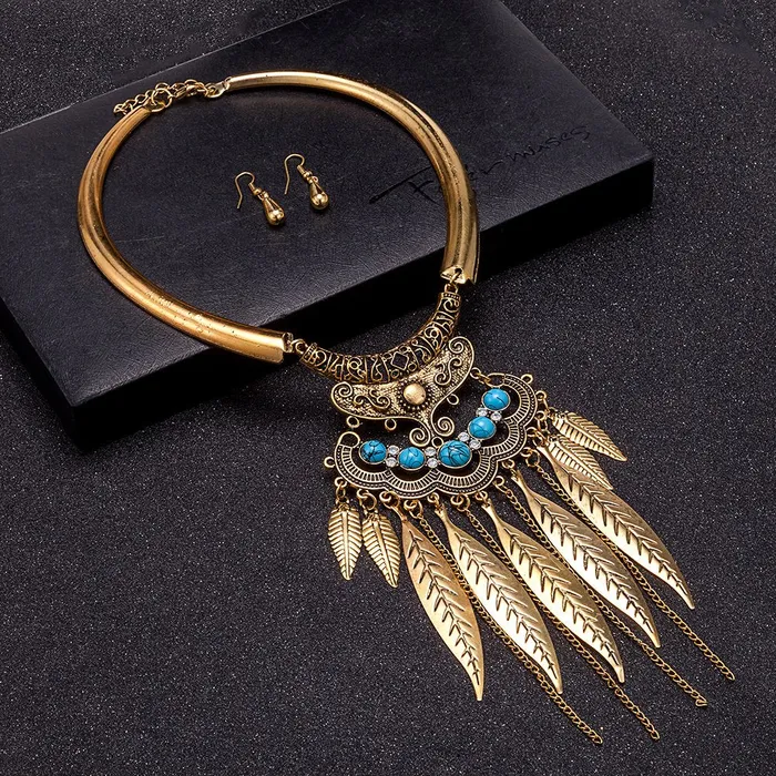 Yellow Chimes Yellow Chimes Trendy Collection Designer Tassel Leaves Blue Necklace for Women Girls Earrings